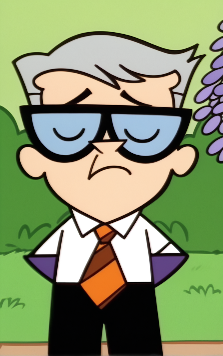 score_9, score_8_up, score_7_up, looking at viewer,  BREAK
PONYXL_STYLE_DextersLaboratory_ownwaifu,
1boy, male focus, parody, short hair, glasses, shirt, white shirt, purple gloves, pants, collared shirt, necktie, chibi,
(leaning forward, arms behind back), cowboy shot, garden, wisteria, outdoors, <lora:PONYXL_STYLE_DextersLaboratory_ownwaifu:0.85> , depth of field, solo,
