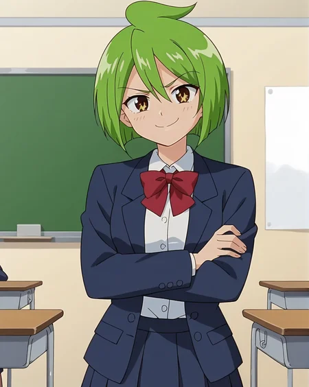 <lora:Hinagiku_Tamano_v1.1:0.9>,Hinagiku Tamano,green hair,short hair,
school uniform,blue blazer,white shirt,red bowtie,pleated skirt,blue skirt,open blazer,
1girl,solo,anime screencap,
crossed arms,cowboy shot,
classroom,
smile,smug,, score_9,score_8_up,score_7_up,source_anime,best quality,masterpiece,uncensored,detailed eyes,