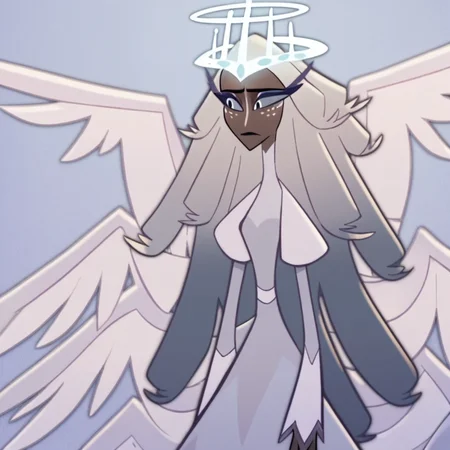 Sera, solo, 1girl, angel, halo, dark skin, white hair, long hair, dress, wings, wallpaper, score_9, score_8_up, score_7_up