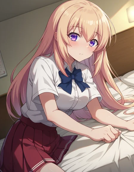 score_9, score_8_up, score_7_up, source_anime,
honamiichinose, <lora:honami-ichinose-s2-ponyxl-lora-nochekaiser:1>
honami ichinose, long hair, blonde hair, purple eyes, hair between eyes,
skirt, bow, school uniform, pleated skirt, bowtie, blue bow, red skirt, collared shirt, white shirt, short sleeves,
indoors, bed, bed room, on side, blush, drunk,
looking at viewer, dutch angle, cowboy shot