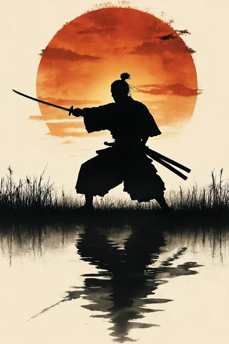 Inkplash art on rice paper, sepia, henna , Silhouette Art, magnificent, inksplash closeup portrait of japanase samurai training with his katana, sunrise, rice field, reflection in sword.