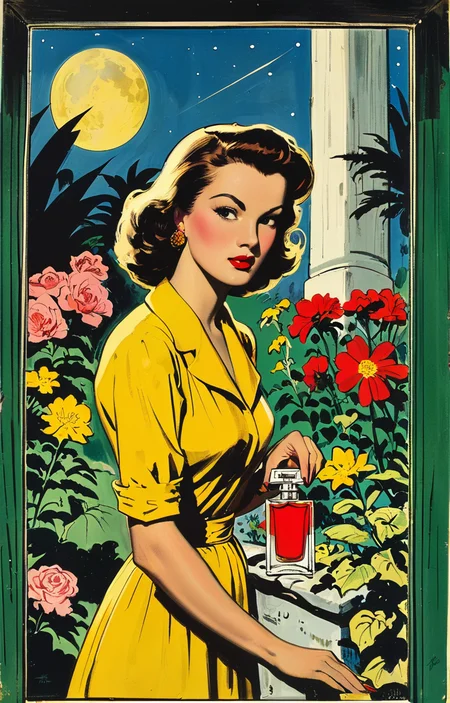 masterpiece,best quality,<lora:tbh369-sdxl:0.6>,illustration,style of Milton Caniff A bottle of perfume in garden