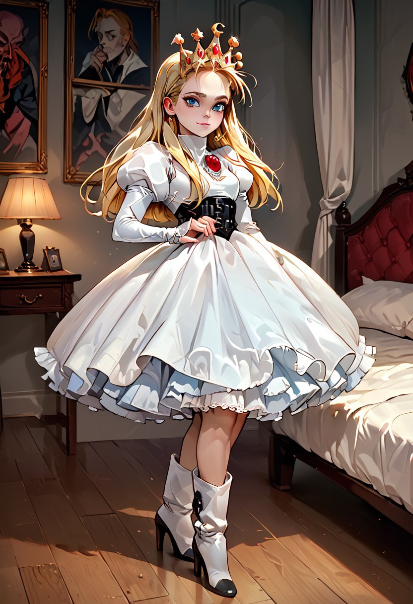 score_9, score_8_up, score_7_up, score_6_up, BREAK,uncensored, bedroom ,1girl, devilotte, long blonde hair, hair slicked back, crown, blue eyes,white dress, puffy juliet sleeves, high heel boots,