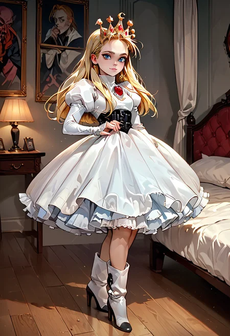 score_9, score_8_up, score_7_up, score_6_up, BREAK,uncensored, bedroom ,1girl, devilotte, long blonde hair, hair slicked back, crown, blue eyes,white dress, puffy juliet sleeves, high heel boots,