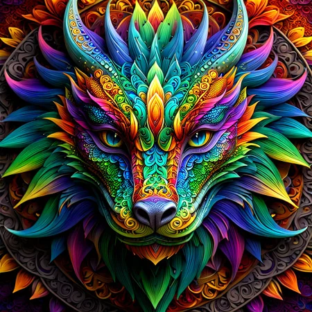 create a straight forward image of a dragons face made of intricate and complex mandala designs, extremely beautiful colors showing an aura of beauty, blend rainbow colors in an Ambre, UHD, 32K