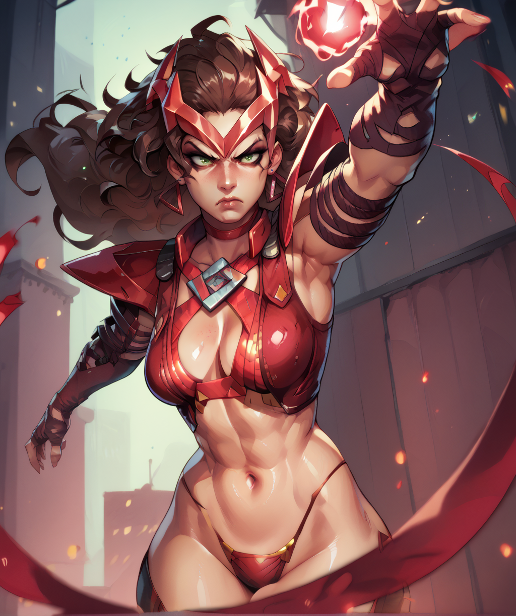 score_9, score_8_up, score_7_up, score_6_up, score_5_up, score_4_up, 
wandamrxl, green eyes, makeup, brown hair, long hair, angry, makeup, 
headpiece, red armored bikini, earrings, shoulder pads, serious, fingerless gloves, hip, navel, cleavage, shiny skin, 
red magic, floating, 
floating embers, darkness, 
night, city, red effects, 
<lora:WandaMRxl:1>, arm_up,