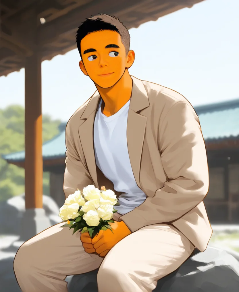 ((source anime)), breeze style, ((anime eyes:1.5, small nose, simple mouth:1.5)), short hair, score_9, score_8_up, score_7_up, Korean, <lora:Expressive_H:1.4>, ((handsome man:1.2, light skin)), (focus male, solo:1.1), masterpiece, best quality, ((1man, 1boy, mature man:1.4)), masterpiece, best quality, amazing quality,
<lora:Breez_Style_Wv3:1>. breeze style, smile,
masterpiece, best quality, amazing quality, 1boy, solo, masterpiece, best quality, young man sitting on a rock, relaxed posture, casual outfit (beige jacket, white t-shirt, beige trousers), short dark hair, holding a small bouquet of flowers, slight smile, looking at the camera, outdoor setting, blurred background with architecture, candid lifestyle photography, shallow depth of field, bright and even lighting, sunny day, volumetric lighting,
