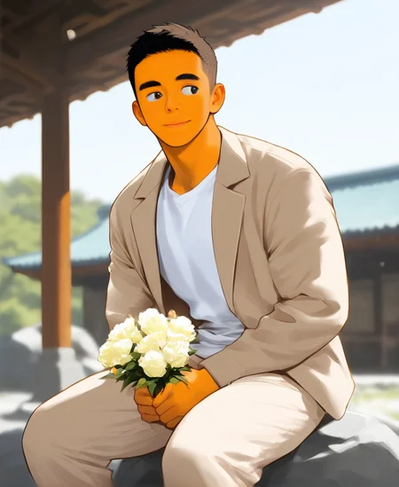 ((source anime)), breeze style, ((anime eyes:1.5, small nose, simple mouth:1.5)), short hair, score_9, score_8_up, score_7_up, Korean, <lora:Expressive_H:1.4>, ((handsome man:1.2, light skin)), (focus male, solo:1.1), masterpiece, best quality, ((1man, 1boy, mature man:1.4)), masterpiece, best quality, amazing quality, 
<lora:Breez_Style_Wv3:1>. breeze style, smile, 
masterpiece, best quality, amazing quality, 1boy, solo, masterpiece, best quality, young man sitting on a rock, relaxed posture, casual outfit (beige jacket, white t-shirt, beige trousers), short dark hair, holding a small bouquet of flowers, slight smile, looking at the camera, outdoor setting, blurred background with architecture, candid lifestyle photography, shallow depth of field, bright and even lighting, sunny day, volumetric lighting,