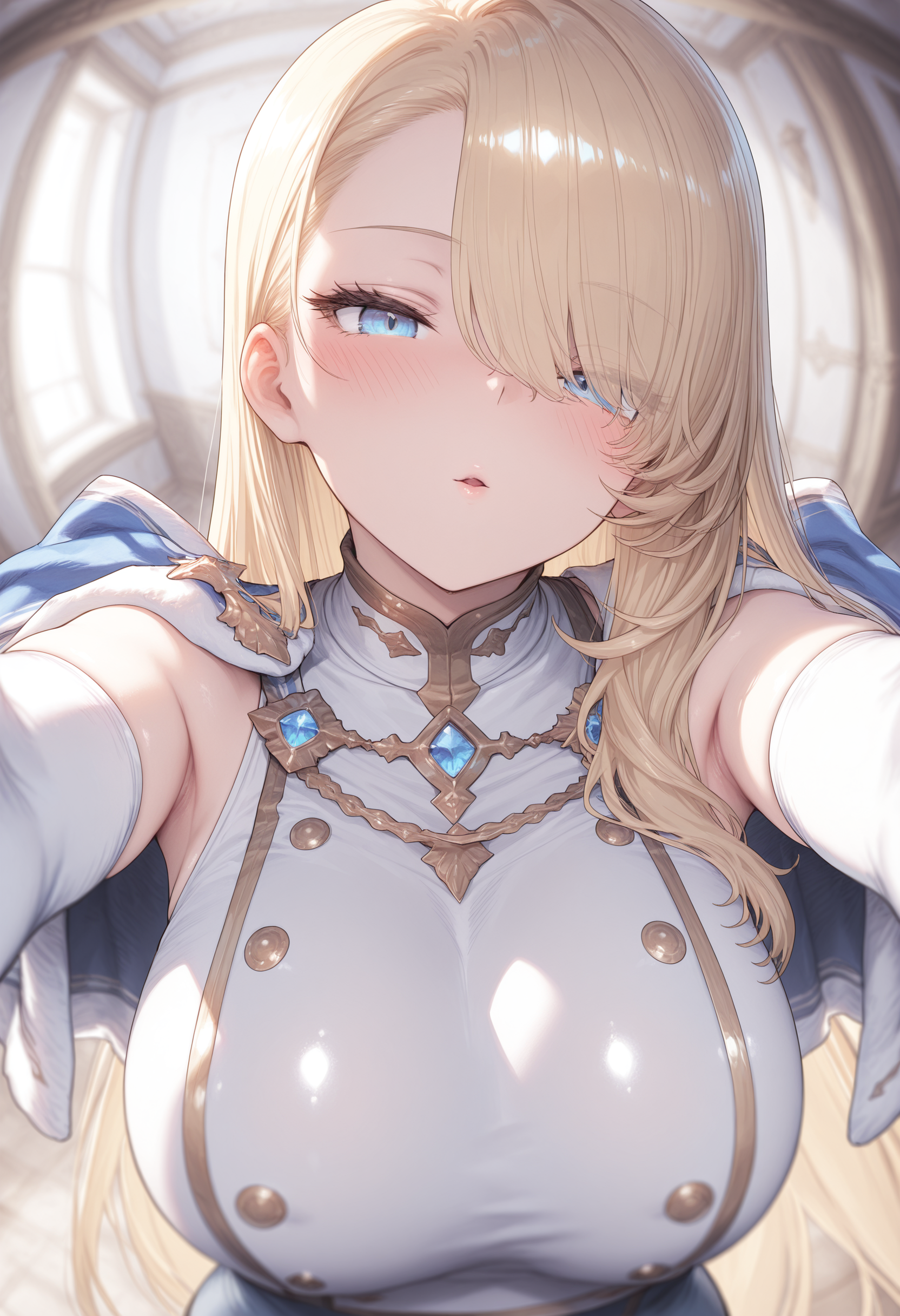 masterpiece, best quality, high quality,
1girl,
wilhelmina,large breasts,
portrait, close-up, incoming kiss, 
blue eyes, sleeveless shirt, bloom,depth of field, blurry background, foreshortening, elbow gloves, capelet, fisheye, blush, turtleneck,  gem, 
<lora:wilhelmina_(brown_dust)_v1.5-illu:1>