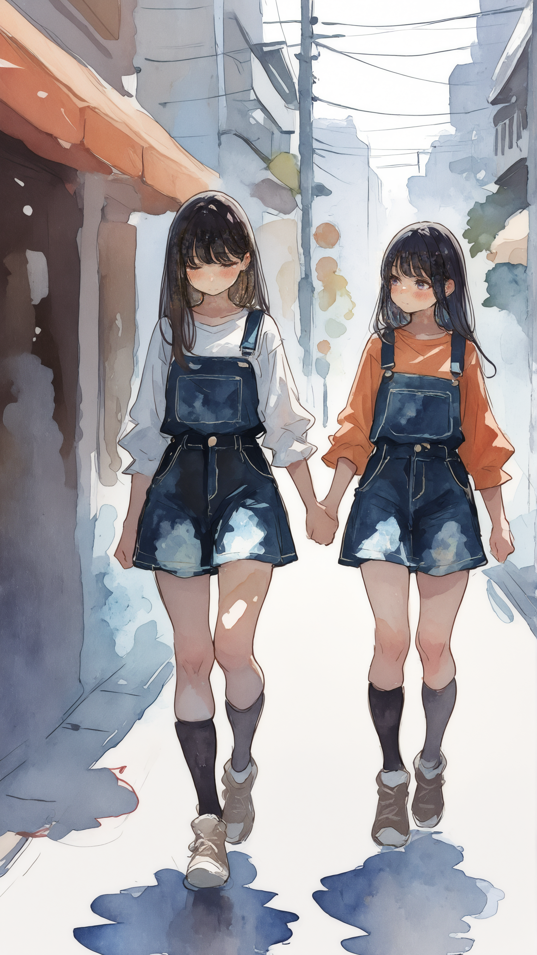 masterpiece, newest,absurdres,incredibly absurdres, best quality, amazing quality, very aesthetic, watercolor effect, 
2girls, walking, urban clothing, holding hands, looking each other,
 <lora:fuyumur4s4ki_style:0.7> fuyumur4s4ki_illu <lora:Mika:1>   <lora:0__11Xx:1> 0__11Xx_illu