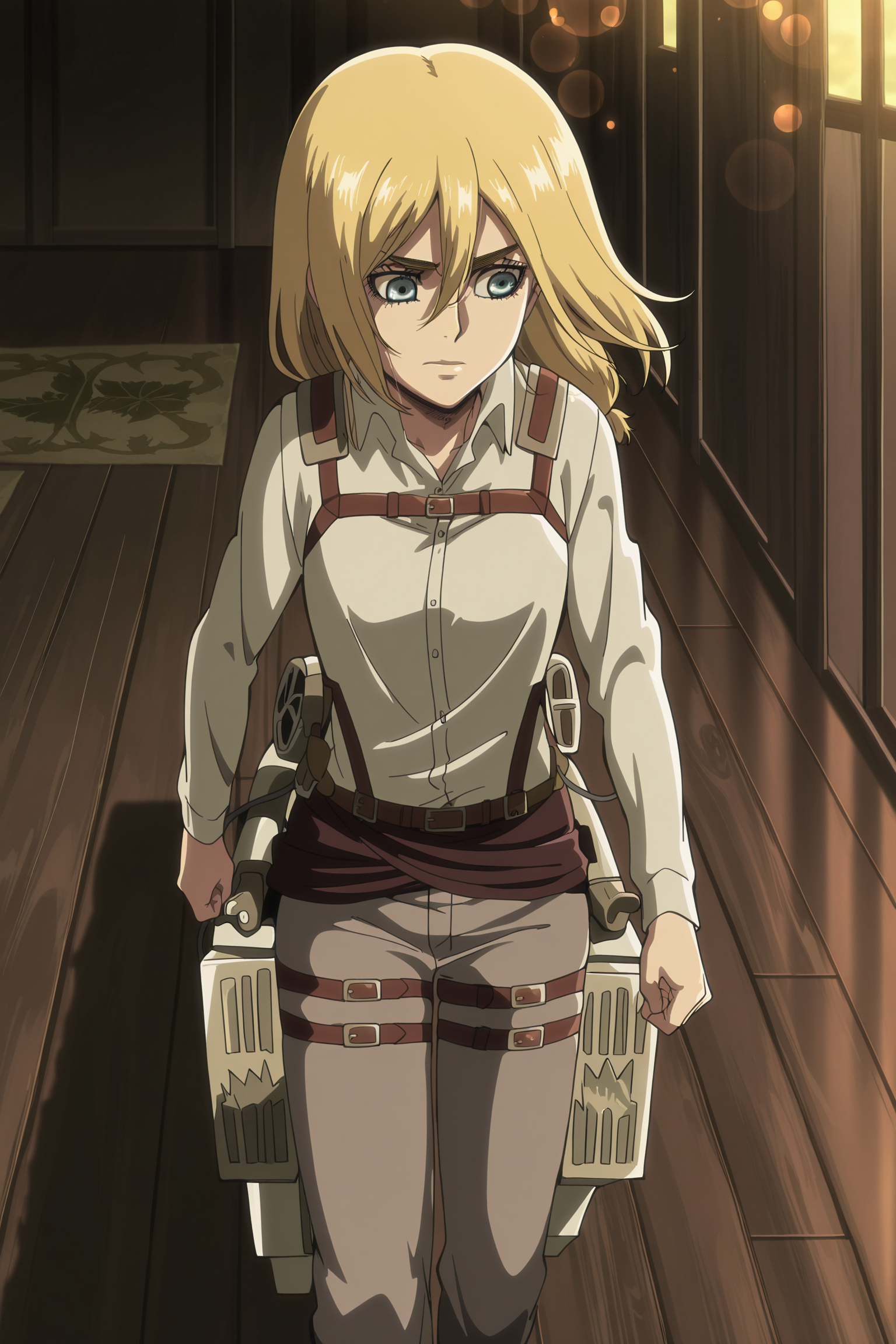 anime screencap, anime coloring, detailed face, masterpiece, best quality, very aesthetic, absurdres, bokeh, volumetric lighting, official style, amazing quality, ultra detailed,  highres, amazing quality, scenery, beautiful detailed hair, beautiful detailed eyes, 
 <lora:Historia_ReissKrista_Lenz_Attack_on_Titan_Season_3:1>
Historia Survey Corps season 3 (outfit), Historia Reiss (character), 1girl, krista lenz, solo, three-dimensional maneuver gear, blonde hair, short hair, paradis military uniform, walking, blue eyes, thigh strap, pants, wooden floor, shirt