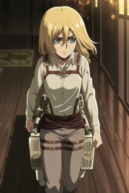 anime screencap, anime coloring, detailed face, masterpiece, best quality, very aesthetic, absurdres, bokeh, volumetric lighting, official style, amazing quality, ultra detailed,  highres, amazing quality, scenery, beautiful detailed hair, beautiful detailed eyes, 
 <lora:Historia_ReissKrista_Lenz_Attack_on_Titan_Season_3:1>
Historia Survey Corps season 3 (outfit), Historia Reiss (character), 1girl, krista lenz, solo, three-dimensional maneuver gear, blonde hair, short hair, paradis military uniform, walking, blue eyes, thigh strap, pants, wooden floor, shirt