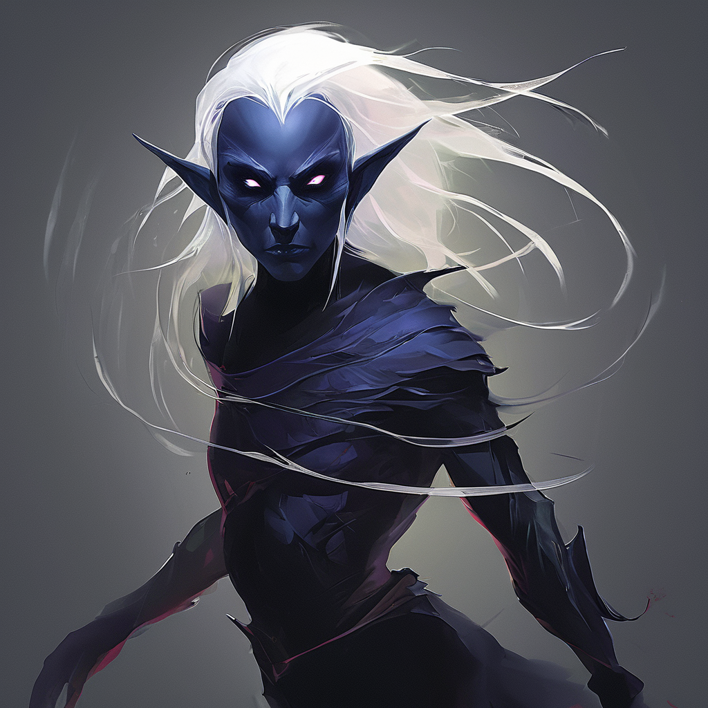 Drow are the Dark Elves of the Underworld - fearless killers who are known for both their spellcasting and fighting ability. Though more frail than humans,they are solid fighters with a great reputation of ruthlessness and precision. Those who cross a dark elf usually meet a swift demise. Drow are tallish elves with indigo skin and white hair,and usually have either red or golden eyes.,masterpiece,long exposure,layered elements,motion photography,stark contrasting color transitions,saturated colors,harmonious color story,illusionism,beautiful details,blackhole energy core,
<lora:artfullydrow__sdxl_v1:1>,