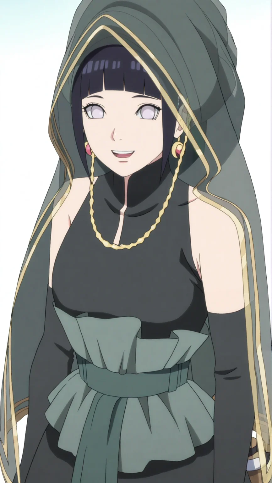 source_anime, masterpiece, best quality, amazing quality, anime screencap, high quality, 8k, absurdres, official style, 1girl, solo, looking at viewer, standing, simple background, open mouth smile, <lora:Hinata_Boruto_iL:1>, h1n4t4 b05ut0, white eyes, no pupils, black hair, bangs, blunt bangs, dress outfit, dress, black dress, long dress, sleeveless, jewelry, necklace, earrings, gloves, elbow gloves, sandals, veil,