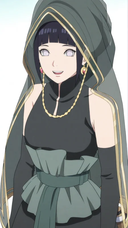 source_anime, masterpiece, best quality, amazing quality, anime screencap, high quality, 8k, absurdres, official style, 1girl, solo, looking at viewer, standing, simple background, open mouth smile, <lora:Hinata_Boruto_iL:1>, h1n4t4 b05ut0, white eyes, no pupils, black hair, bangs, blunt bangs, dress outfit, dress, black dress, long dress, sleeveless, jewelry, necklace, earrings, gloves, elbow gloves, sandals, veil,