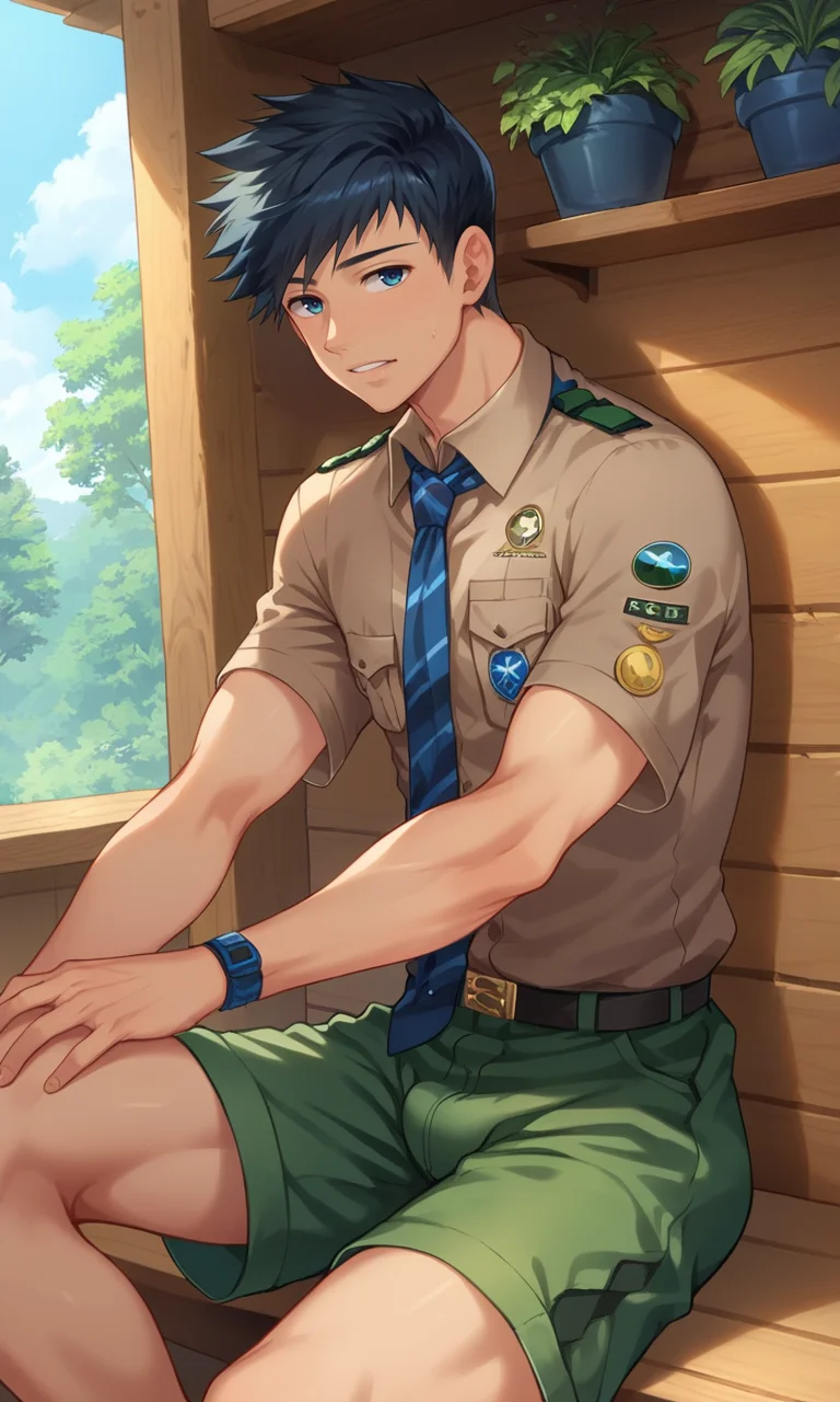 score_9, score_8_up, score_7_up, masterpiece, best quality, lots of details, dynamic pose, ((1boy)), male focus, natsumi, sitting, brown shirt, short sleeves, necktie, green shorts, shaded, detailed shading, detailed skin, shaded skin, realistic shading, looking at viewer, Expressiveh, countershading:1.1, cabin, wooden wall, indoor plants, indoors, <lora:add-detail-xl:0.7>, <lora:Smooth Anime 2 Style SDXL_LoRA_Pony Diffusion V6 XL:0.8>, <lora:Expressive_H:0.8>, <lora:Natsumi_XL_V10:0.9>