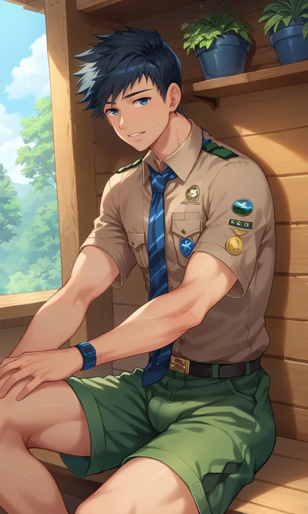score_9, score_8_up, score_7_up, masterpiece, best quality, lots of details, dynamic pose, ((1boy)), male focus, natsumi, sitting, brown shirt, short sleeves, necktie, green shorts, shaded, detailed shading, detailed skin, shaded skin, realistic shading, looking at viewer, Expressiveh, countershading:1.1, cabin, wooden wall, indoor plants, indoors, <lora:add-detail-xl:0.7>, <lora:Smooth Anime 2 Style SDXL_LoRA_Pony Diffusion V6 XL:0.8>, <lora:Expressive_H:0.8>, <lora:Natsumi_XL_V10:0.9>