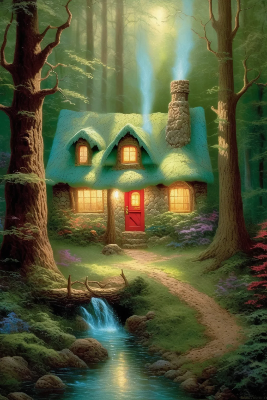 <lora:Thomas Kinkade Style:1>Thomas Kinkade Style - a Thomas Kinkade woodland cottage with bigfoot hidden in the trees
