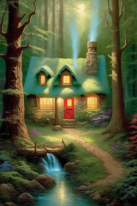 <lora:Thomas Kinkade Style:1>Thomas Kinkade Style - a Thomas Kinkade woodland cottage with bigfoot hidden in the trees