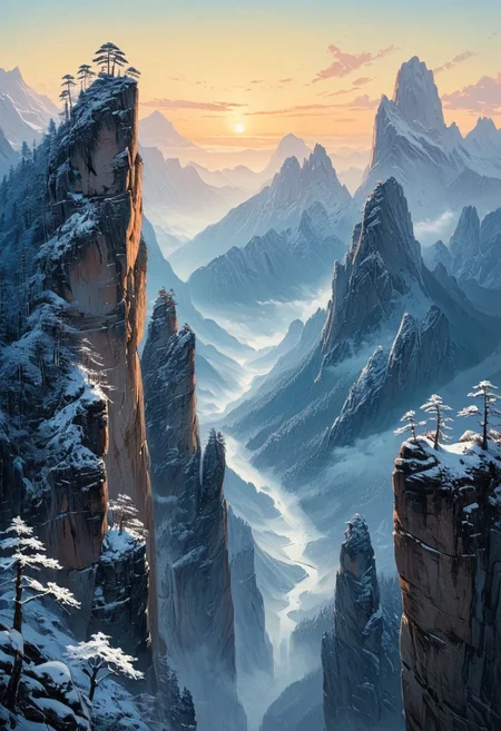 famous artwork, masterful use of light and shadow, masterful composition following the rule of thirds, chiaroscuro, dappled sunlight, in winter, at dawn, under the snow, romanticism oil painting of the floating peaks of zhangjiajie in the style of caspar david friedrich, towering sandstone pillars rising through a sea of mist, their sheer cliffs overgrown with under snow vegetation , the scene is bathed in a golden morning light, soft rays piercing through the ethereal mist, casting long shadows and highlighting the rugged texture of the stone, delicate wisps of cloud wrap around the formations, further emphasizing their towering grandeur, the atmosphere is serene yet awe-inspiring, evoking a sense of the sublime winter, a narrow, winding mountain path leads toward a detailed wooden bridge that connects two towering peaks cover of snow, an ancient and awe-inspiring temple built in traditional chinese style sits atop a pillar in the middle ground. Snow is almost cover everything