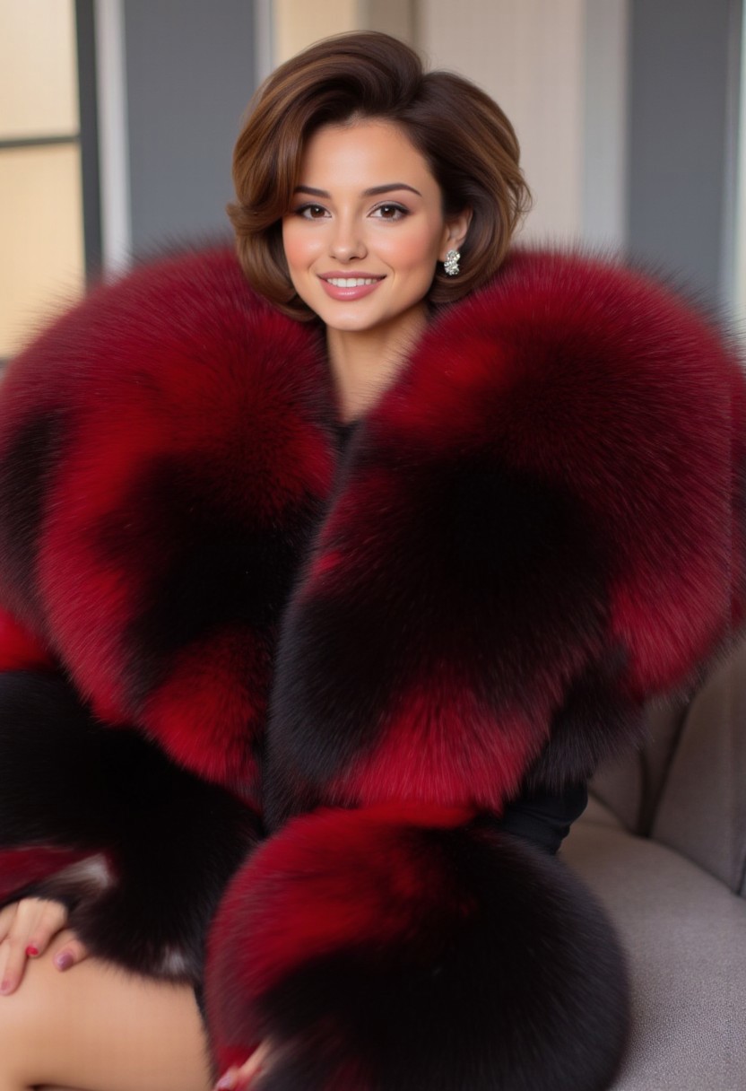 Stunning Russian woman with short brown hair, wearing a giant voluminous black and red fur coat. Face closeup. Huge fur coat. Tall, long legs, abs, very fit body, smile, seductive. Gorgeous face. Extravagant coat and hair, huge neck fur, earrings, fancy