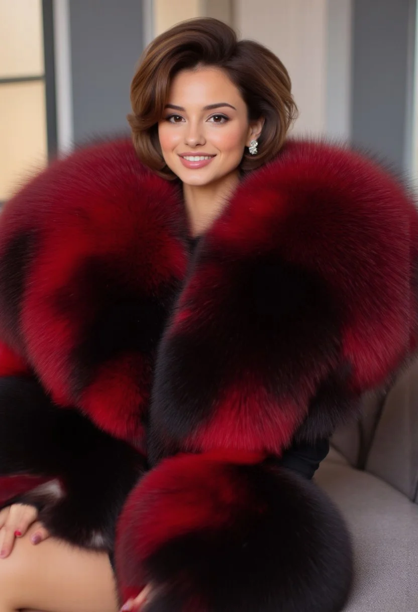 Stunning Russian woman with short brown hair, wearing a giant voluminous black and red fur coat. Face closeup. Huge fur coat. Tall, long legs, abs, very fit body, smile, seductive. Gorgeous face. Extravagant coat and hair, huge neck fur, earrings, fancy