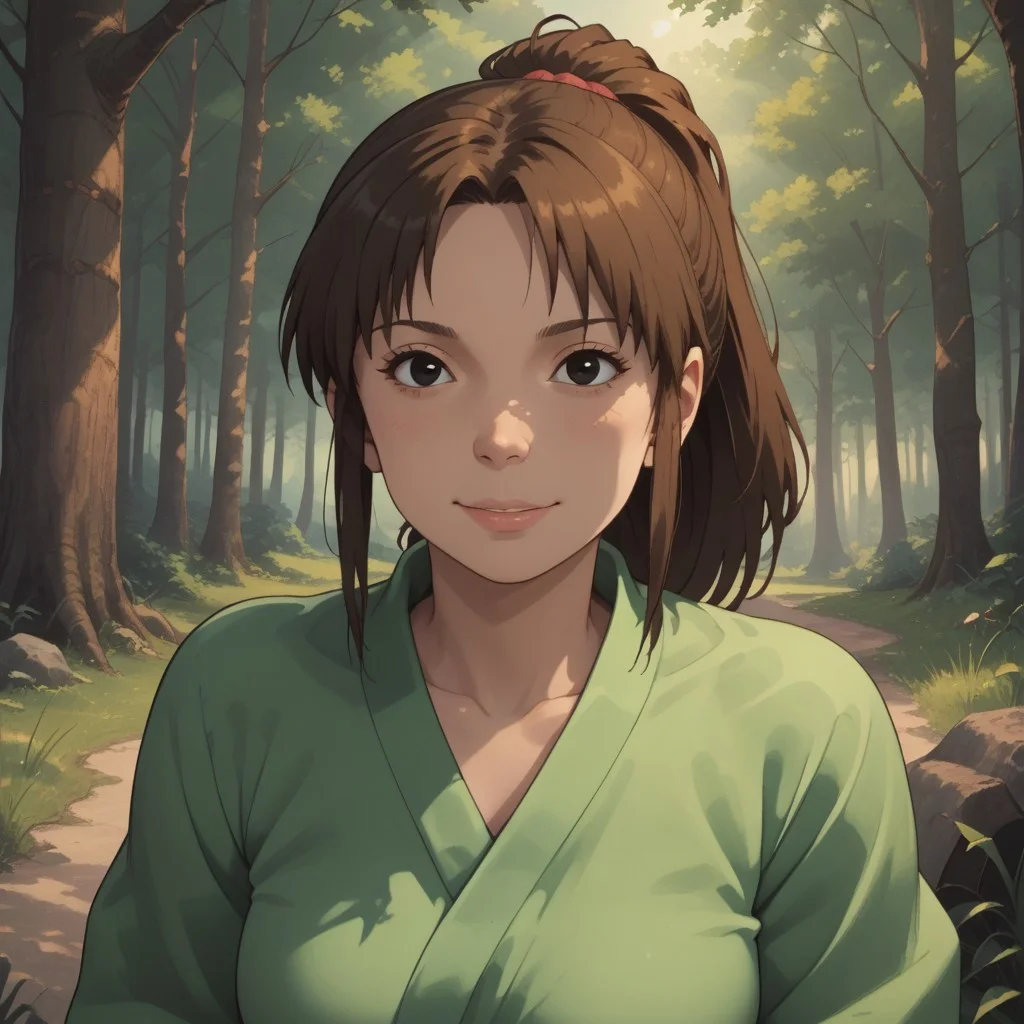 score_9, score_8, BREAK, solo, Chihiro_Ogino_(Spirited_Away), brown hair, ponytail, short hair, black eyes, cute face, green shirt, pink shorts, sandals, tall, adult female, mature female, breasts, sexy pose, self portrait, smile, looking at viewer, outdoors, sunlight, shadows, evening lighting, natural lighting, forest, trees, grass, orange sky, sunset