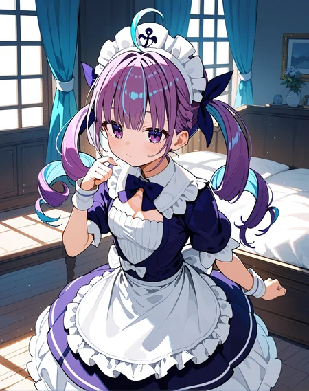 masterpiece,best quality,score_9,score_8_up,score_7_up,best quapoty,highres,absurdres,source_anime,indoors,<lora:minato_aqua_(1st_costume) -000065:0.7>,minato_aqua_(1st_costume),1girl,solo,maid,drill hair,purple eyes,twintails,ahoge,purple hair,