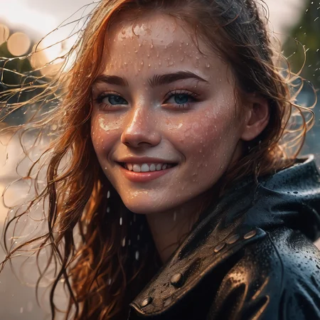 photo of beautiful age 18 girl, freckles sexy, beautiful, smiling, in the rain,  8k, 4k, ultrarealistic, realistic, natural skin, textured skin