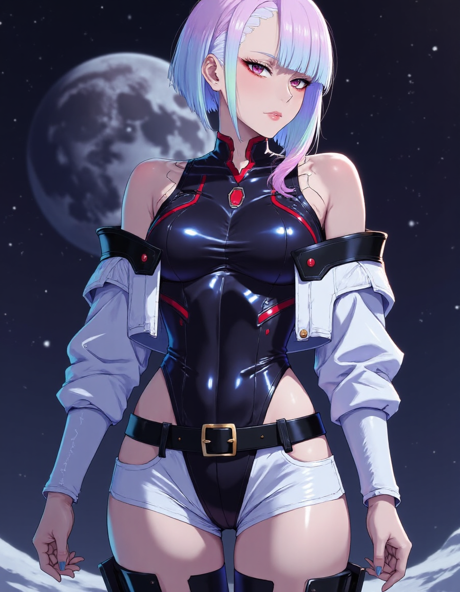 a beautiful female <lora:lucycyberpunkedgerunners:1>, captivating red eyes, light purple and blue hair multicoloured streak in a choppy asymmetrical bob, slim body, medium breasts, wearing a black tight fitting bodysuit, white shorts, a wide black belt, cropped off the shoulder jacket in a white metallic colour, tall black boots with chunky soles, metallic accents and sheen on jacket and boots, cyberpunk, cyberpunk edgerunners, emphasizing her sleek presence. The background the Moon with the earth very big in the background, allows the viewer to focus on her eye-catching fashion and makeup, Standing on the moon look at the earth, studio trigger art style,