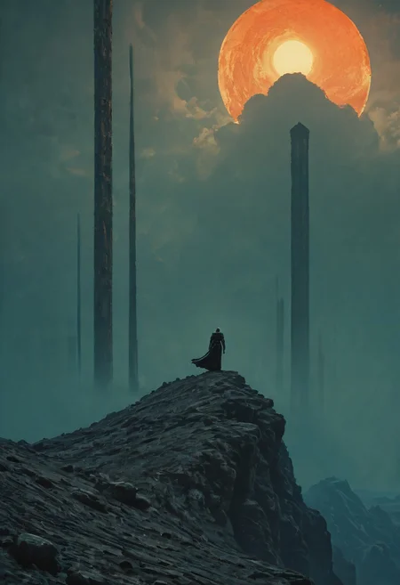 Sundawn, Landscape, towering Knight, heavy armored,Fantasy, dmsty, masterpiece, best quality, good quality, newest, highres, absurdres, solo, dark atmospheric, detailed, intricate, Orange-pink sun, Clouds,