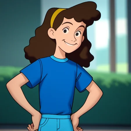 solo, 1girl, betcg1, brown hair, smile, shirt, pants, blue shirt, standing, hairband, black eyes, short sleeves, hands on hips, looking at viewer, long hair, blurry background, <lora:betcg1-000009:1>, score_9, score_8_up, score_7_up, face detail,