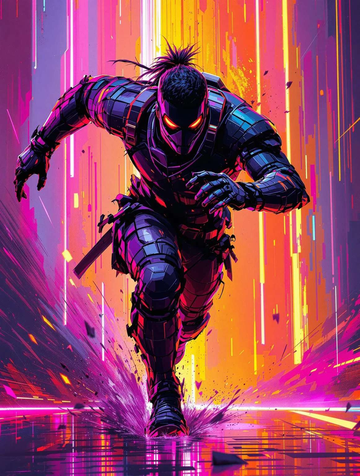 A dynamic action portrait of a futuristic warrior mid-sprint, painted with brushstroke textures and glitch pixel overlays, vivid neon lighting cascading around the figure
