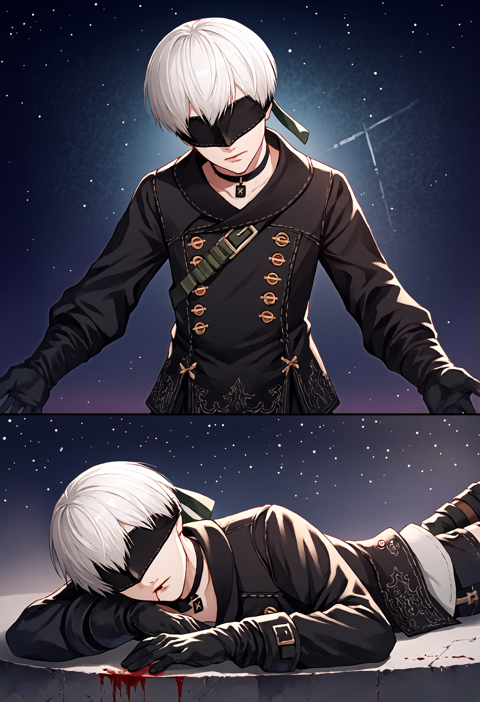 biomechanical cyberpunk score_9, score_7_up, source_anime, uncensored, cowboy shot, head tilt, upside-down, starry background, (bleeding:1.25), on stomach, confident, 2koma,
<lora:NierAutomata_9S_v1.0:1> 9S, 9s (nier:automata), 1boy, solo, gloves, shorts, black gloves, white hair, boots, black blindfold, black choker, short hair, kneehighs, long sleeves, black jacket, double-breasted, jacket, buttons
. cybernetics, human-machine fusion, dystopian, organic meets artificial, dark, intricate, highly detailed