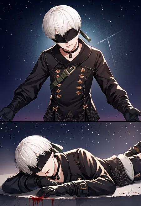 biomechanical cyberpunk score_9, score_7_up, source_anime, uncensored, cowboy shot, head tilt, upside-down, starry background, (bleeding:1.25), on stomach, confident, 2koma,
<lora:NierAutomata_9S_v1.0:1> 9S, 9s (nier:automata), 1boy, solo, gloves, shorts, black gloves, white hair, boots, black blindfold, black choker, short hair, kneehighs, long sleeves, black jacket, double-breasted, jacket, buttons
. cybernetics, human-machine fusion, dystopian, organic meets artificial, dark, intricate, highly detailed