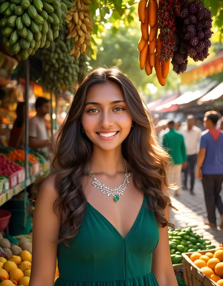 In a vibrant afternoon at an open-air market, kemkin, a radiant woman with long wavy hair cascading over her shoulders, stands against the backdrop of a bustling array of colorful stalls selling exotic fruits and spices. Clad in a flowing emerald green dress that complements her warm olive complexion, she wears a simple yet elegant silver necklace that catches the sunlight filtering through the market canopy. Her eyes are captivating, sparkling with curiosity as they meet your gaze, revealing perfect white teeth framed by full, rosy lips that curve into a genuine smile. The camera angle is slightly above, capturing her from the waist up, and the overall scene is bathed in soft, warm light filtering through the leaves of nearby trees, casting dappled shadows on the cobblestone path beneath her feet.