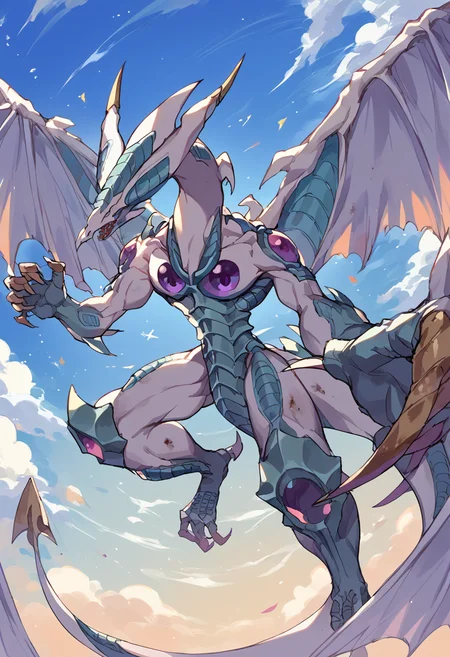 score_9,score_8_up,score_7_up,source_anime,zPDXL3,sky,star (sky),flying,cloud,
*//*,<lora:StardustDragon_Pony:1>,stardustdragon_ygo,no humans,solo,duel monster,dragon,wings,tail,claws,horns,dirty body,
*//*,looking at viewer,cowboy shot,dutch angle,