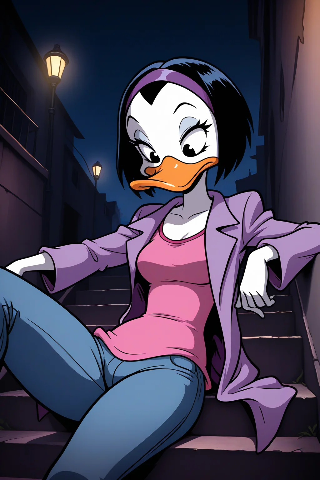 masterpiece, best quality, amazing quality, absurdres, solo, kay-k, duck girl, serious, looking down, elbow rest, leaning back, sitting on stairs, short black hair, purple hairband, white skin, purple coat, pink shirt, blue jeans, outdoors, night, moody, lamppost, alley, night, dark