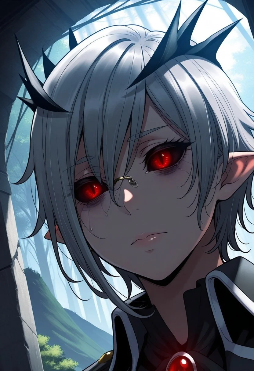 HDR, 8K, high contrast, masterpiece, best quality, amazing quality, very aesthetically pleasing, superabsurd res, high resolution, ultra-detailed, absurdres, latest, landscape, light rays, chiaroscuro, dynamic angle, Dutch angle, close-up, Sallos, 1 person, gray hair, short haircut, red eyes, narrow pupils, black sclera, cracks under the eyes, horns in the form of a crown, pointed ears, BREAK, beautiful detailed eyes, detailed skin, detailed hair, volumetric lighting,