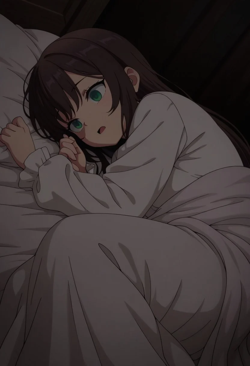 masterpiece,best quality,amazing quality, clover alina, dark brown hair, green eyes, long hair, 1girl, solo, on side, dark, lying, under covers, long sleeves, open mouth