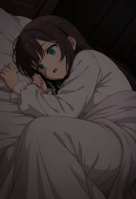 masterpiece,best quality,amazing quality, clover alina, dark brown hair, green eyes, long hair, 1girl, solo, on side, dark, lying, under covers, long sleeves, open mouth