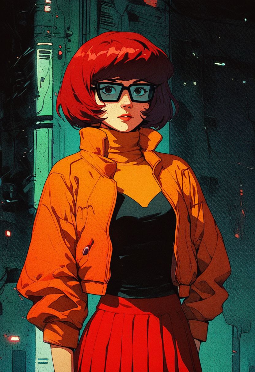 <lora:Kenva:1.0> score_9, knva, halftone effect, 1girl, solo, cyberpunk, Velma Dinkley, jacket,