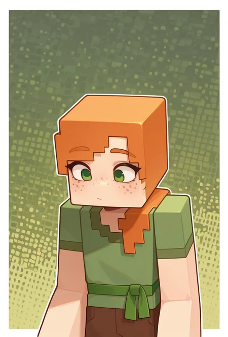 <lora:alexmc-05:1> alexmc, orange hair, 1girl, solo, green eyes, long green shirt, brown pants, short sleeves, freckles, square arms, square body, green waist ribbon, minecraft world,, masterpiece, best quality, amazing quality, very aesthetic, absurdres, newest,, upper body, halftone effect, white borders, abstract background:1.2,
