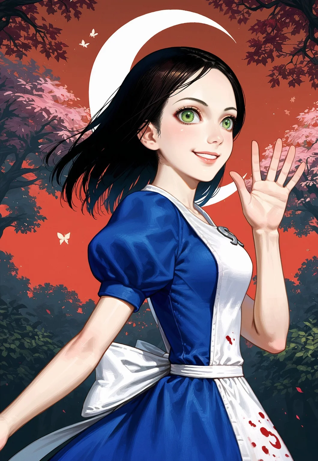 SCORE_9, SOURCE_ANIME, SOLO, 1GIRL, PORTRAIT, CLOSE UP, ALICE LIDDELL, BLACK HAIR, GREEN EYES, DRESS, APRON, RIBBON, FROM BEHIND, LOOKING BACK, SMILE, WAVING GOODBYE, BREAK, RED SKY, ECLIPSE, HORROR THEME, NIGHT