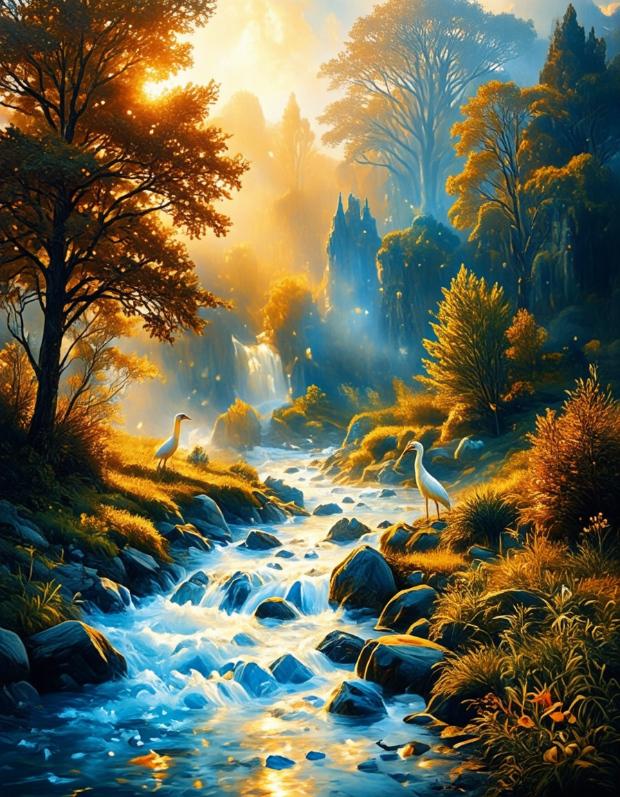 <lora:Medieval_Worlds_Scenery01cflux:1> mwl01, scenery, vegetation, rough river, fantasy, gold, T4, blue, orange, yellow, bokeh, brown, tree, white stork on the shore
