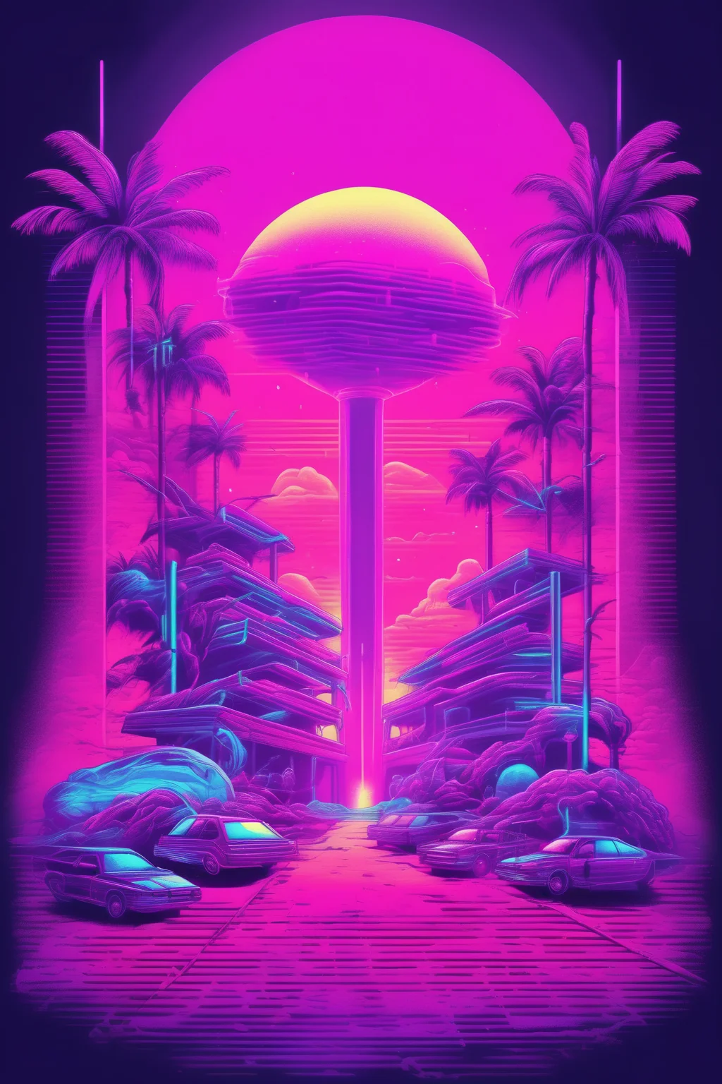 <lora:Synthwave T-shirt:1>Synthwave T-shirt - complex illustration for web designer, shirt printing, modern, purple neon color, surrealist, ultra detailed, dramatic lighting, taken with sony alpha VII mark III 55mm f/1.8