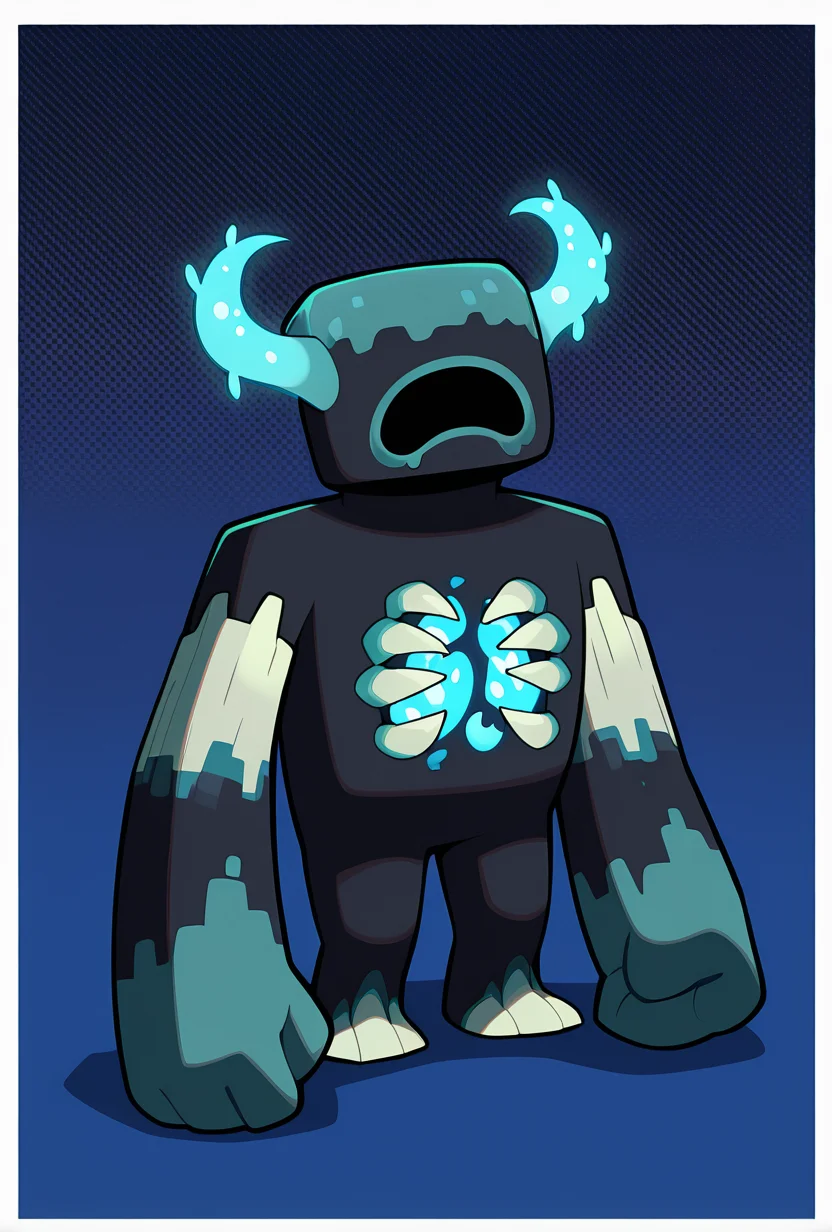 <lora:warden-10:1> warden, glowing horns, standing, solo, monster, open mouth, creature, teeth, no eyes, pokemon (creature), ribs, colored skin, ((wide head, big head,)),, no teeth, no humans, big arms, no hands, no wrists, wide body, navy blue background, masterpiece, best quality, amazing quality, very aesthetic, absurdres, newest,, upper body, halftone effect, white borders, abstract background:1.2,