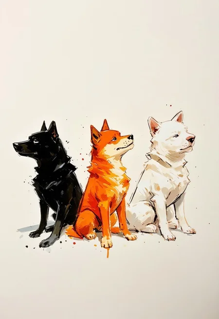 oil painting of 3 shiba inus in a row doing the hearing seeing speaking poses. They are a black shiba,an orange shiba and a white shiba. Messy inkblot sukiyaki style