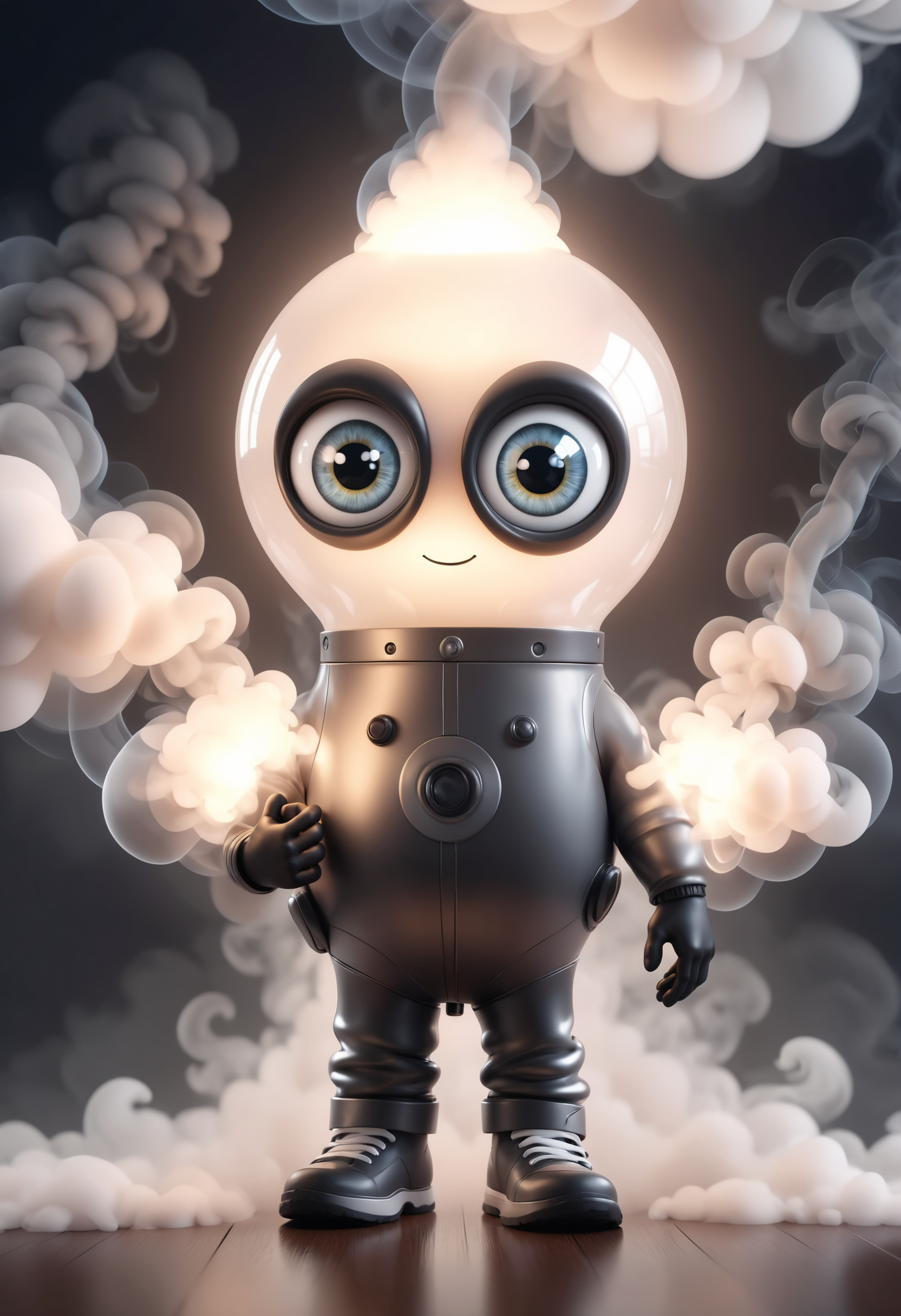 a lightbulb with eyes, hands on waist, closeup cute and adorable, cute big circular reflective eyes, Pixar render
<lora:dvr-smk-sdxl:1> surrounded by smoke