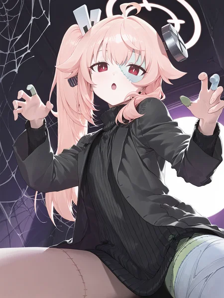 modare, natsu \(blue archive\), natsu \(blue archive\)_hlw, <lora:Natsu - Blue Archive - Halloween Costume (柚鳥ナツ - ハロウィン):1>, flat_chest, dark_grey_coat, dark_grey_turtleneck_sweater, torn clothes, screw_through_head, bandage, patchwork_skin, patchwork_face, side_ponytail, looking at viewer, :o, head tilt, spread legs, dark room, moon light, purple theme, spider_web, cracked wall, claw pose, reaching towards viewer, fisheye, low angle, __positive__